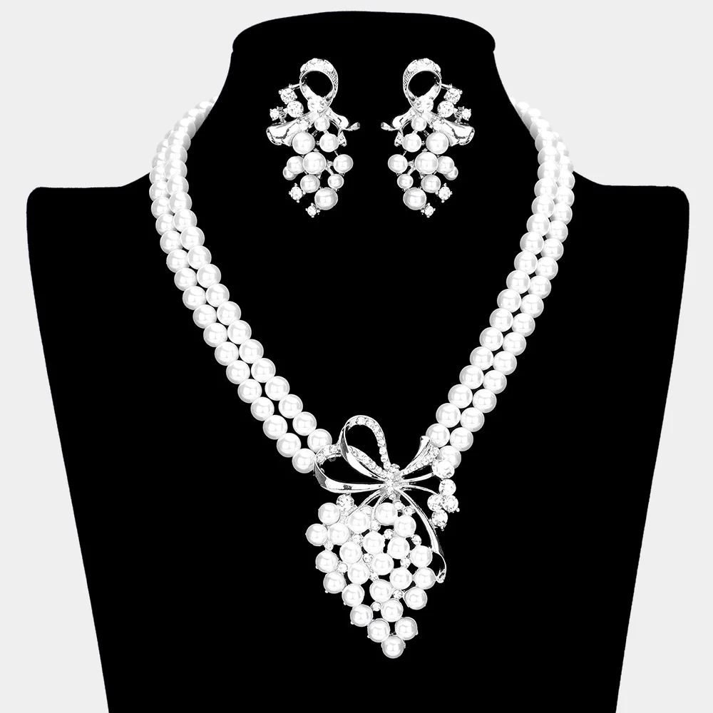 Grape Silver White Pearl Cluster Pendant Earrings Crystal Layered Necklace Set